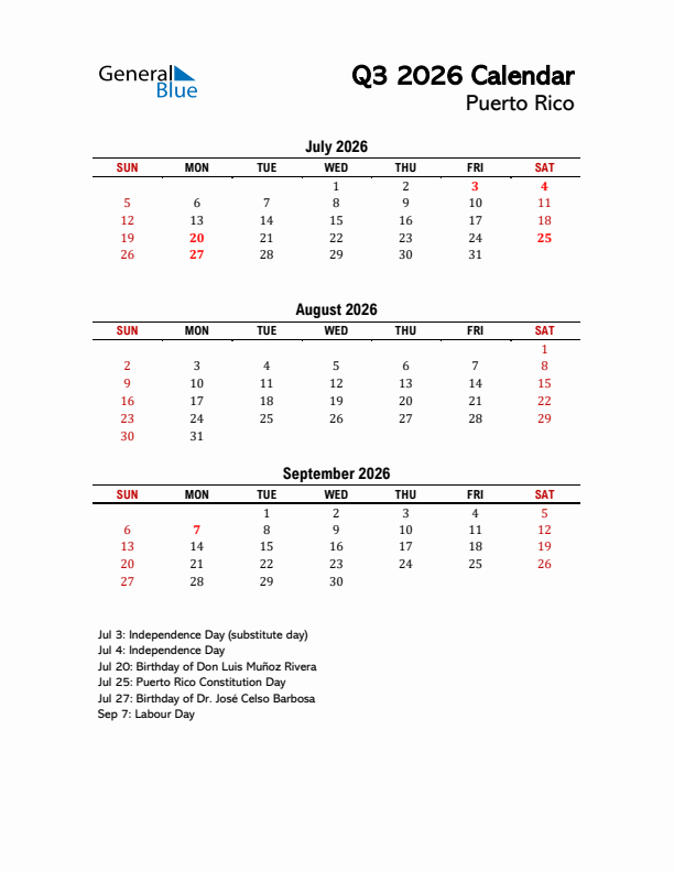 2026 Q3 Calendar with Holidays List for Puerto Rico