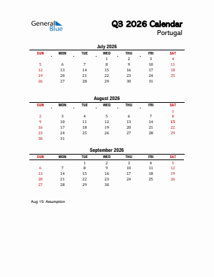 Portugal Quarter 3  2026 calendar template