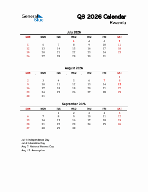 Rwanda Quarter 3  2026 calendar template