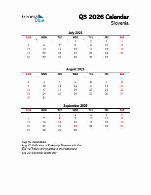 Slovenia Quarter 3  2026 calendar template