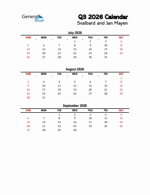 Svalbard and Jan Mayen Quarter 3  2026 calendar template