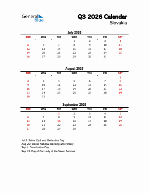 Slovakia Quarter 3  2026 calendar template