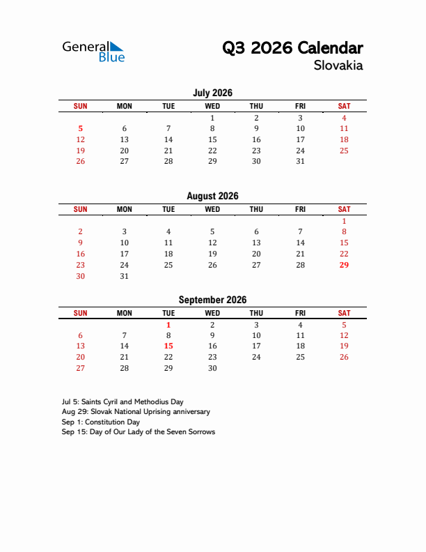 2026 Q3 Calendar with Holidays List for Slovakia