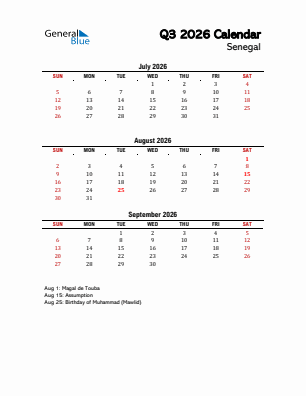 Senegal Quarter 3  2026 calendar template