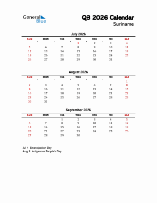 Suriname Quarter 3  2026 calendar template