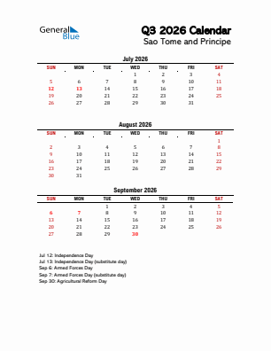Sao Tome and Principe Quarter 3  2026 calendar template