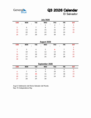 El Salvador Quarter 3  2026 calendar template