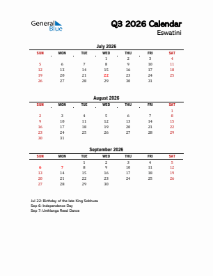 Eswatini Quarter 3  2026 calendar template