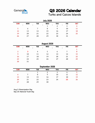 Turks and Caicos Islands Quarter 3  2026 calendar template