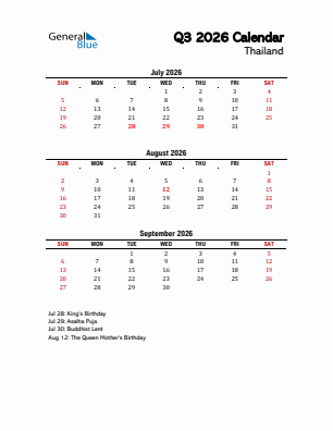 Thailand Quarter 3  2026 calendar template