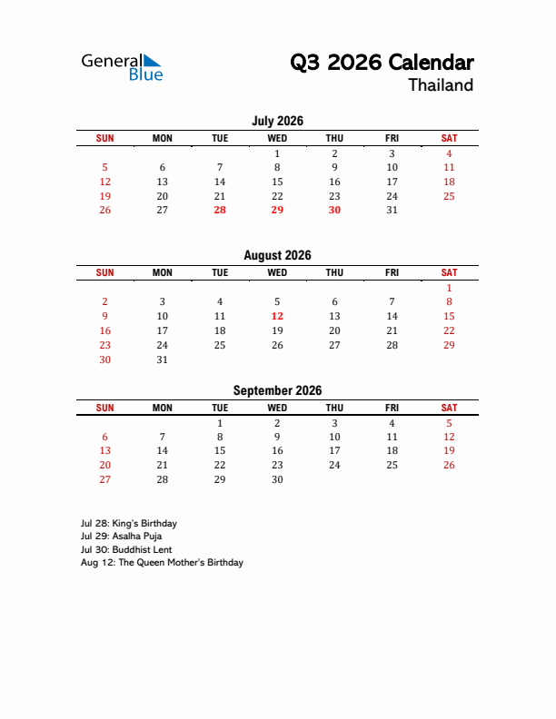 2026 Q3 Calendar with Holidays List for Thailand