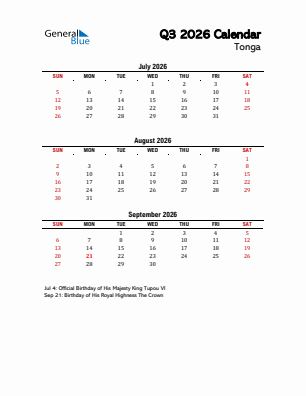 Tonga Quarter 3  2026 calendar template