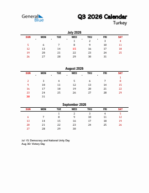 Turkey Quarter 3  2026 calendar template