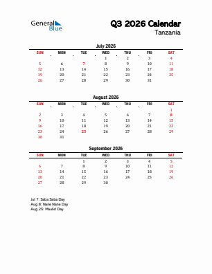 Tanzania Quarter 3  2026 calendar template