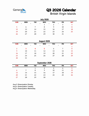 British Virgin Islands Quarter 3  2026 calendar template