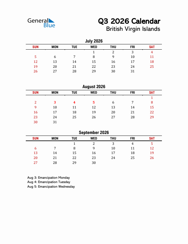 2026 Q3 Calendar with Holidays List for British Virgin Islands