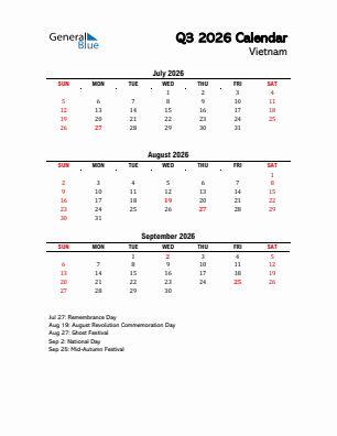 Vietnam Quarter 3  2026 calendar template