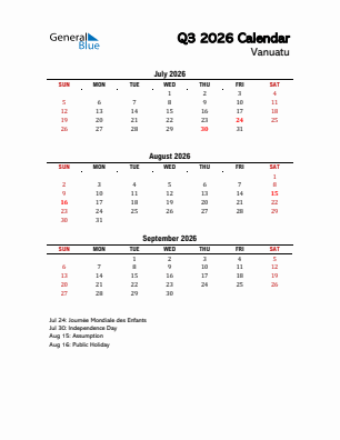 Vanuatu Quarter 3  2026 calendar template