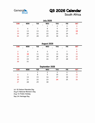 South Africa Quarter 3  2026 calendar template