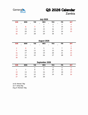 Zambia Quarter 3  2026 calendar template