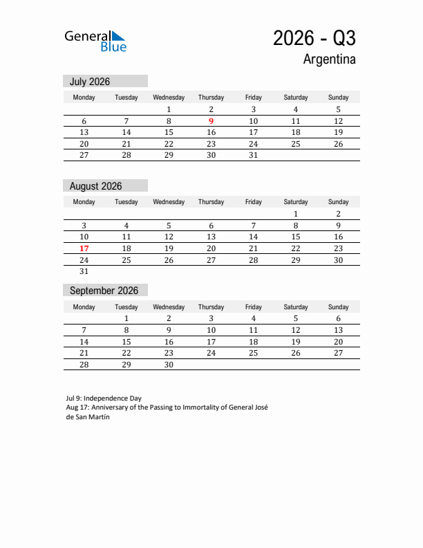 Argentina Quarter 3 2026 Calendar with Holidays