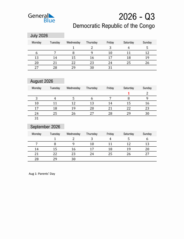 Democratic Republic of the Congo Quarter 3 2026 Calendar with Holidays