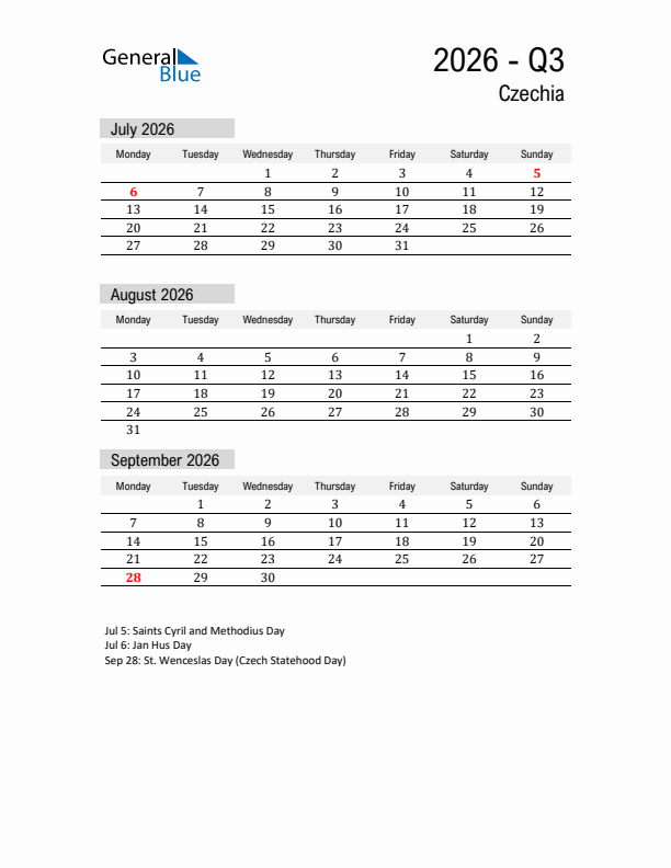 Czechia Quarter 3 2026 Calendar with Holidays
