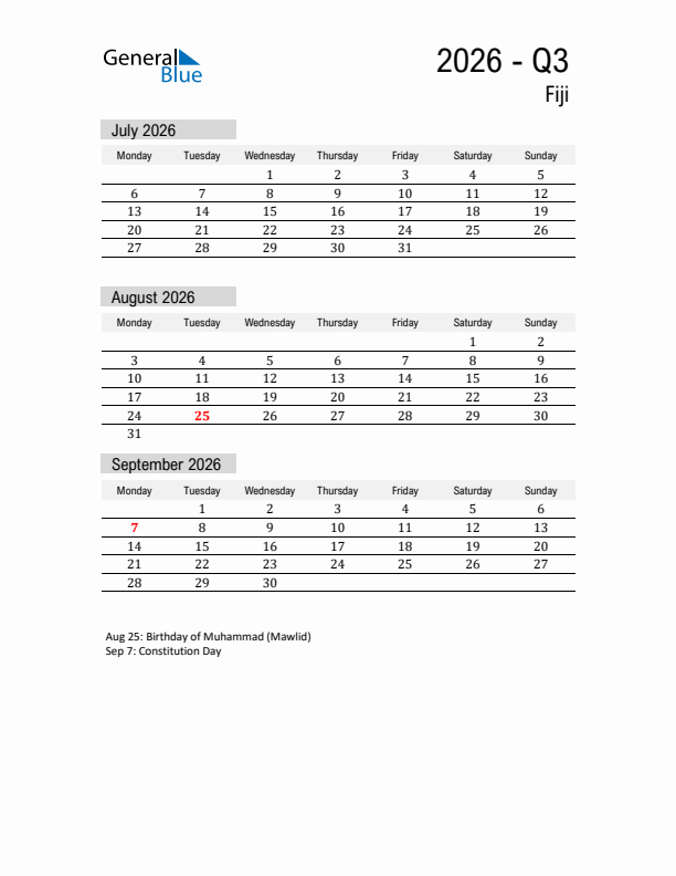 Fiji Quarter 3 2026 Calendar with Holidays