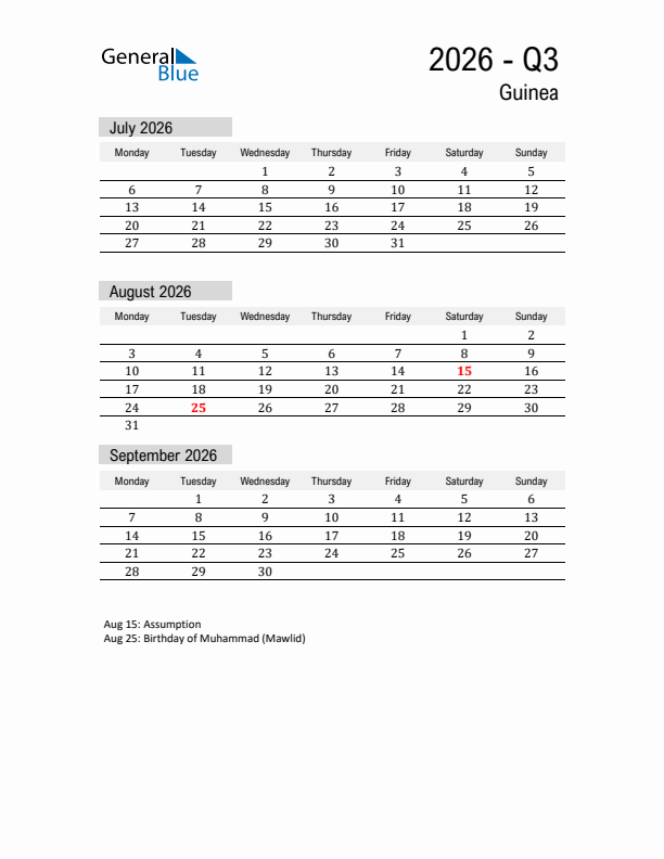 Guinea Quarter 3 2026 Calendar with Holidays