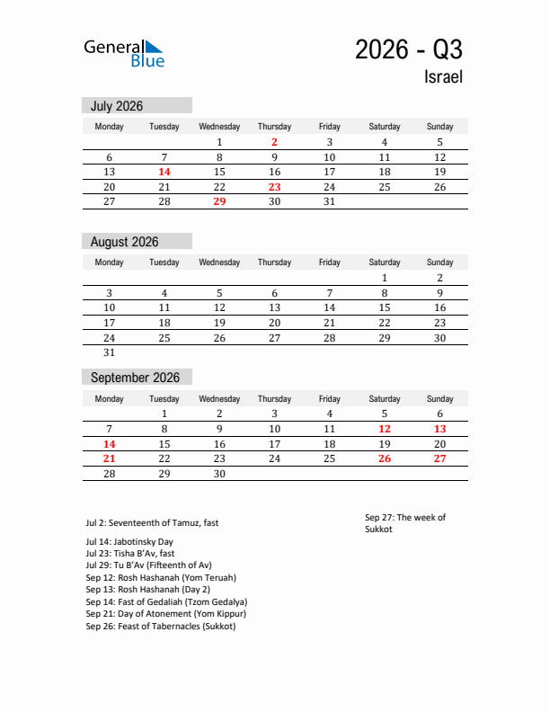Israel Quarter 3 2026 Calendar with Holidays