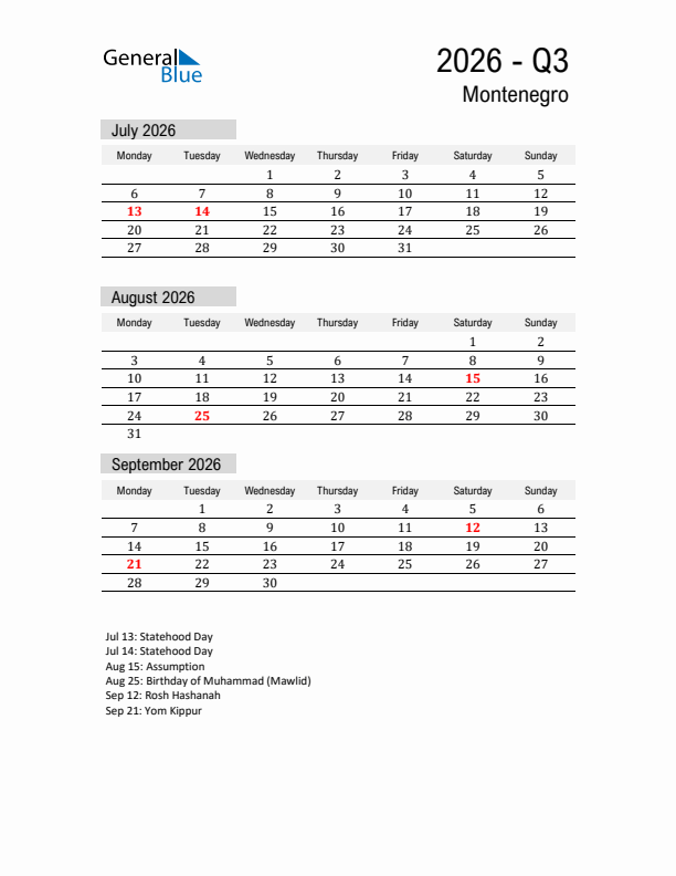 Montenegro Quarter 3 2026 Calendar with Holidays