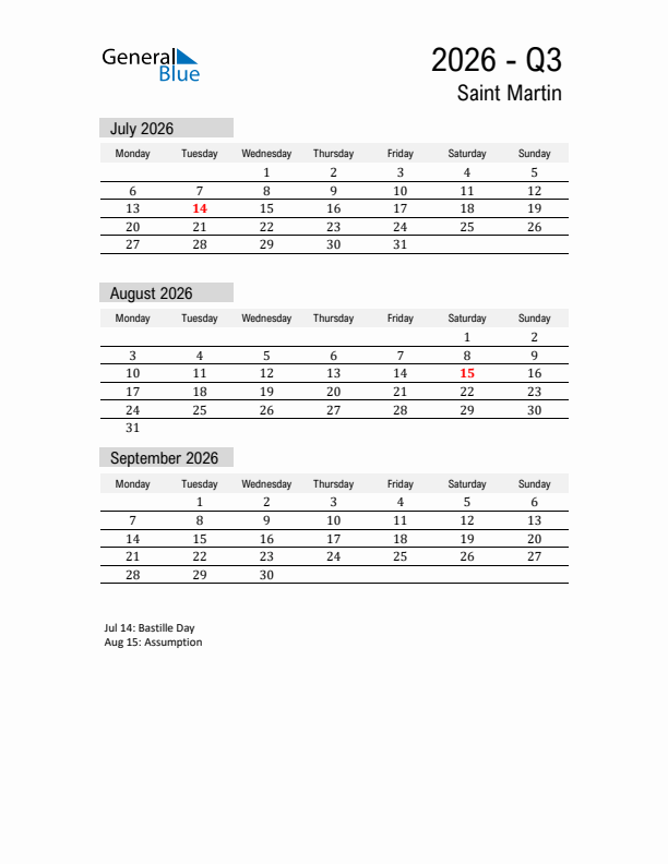Saint Martin Quarter 3 2026 Calendar with Holidays