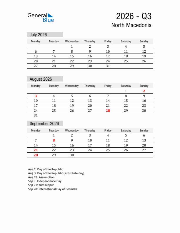 North Macedonia Quarter 3 2026 Calendar with Holidays
