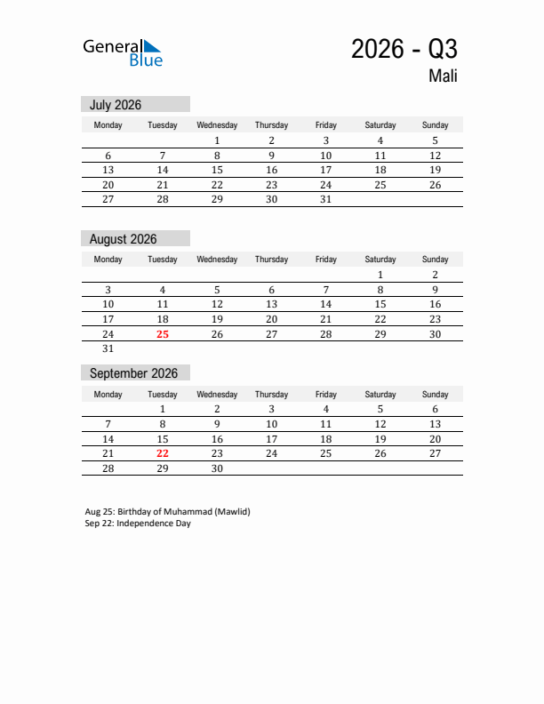 Mali Quarter 3 2026 Calendar with Holidays
