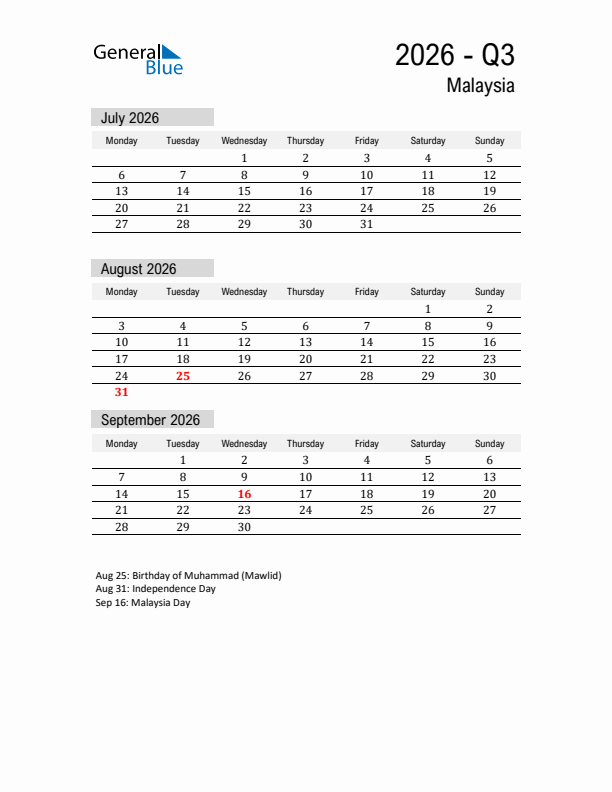 Malaysia Quarter 3 2026 Calendar with Holidays