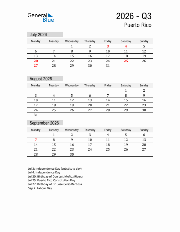 Puerto Rico Quarter 3 2026 Calendar with Holidays