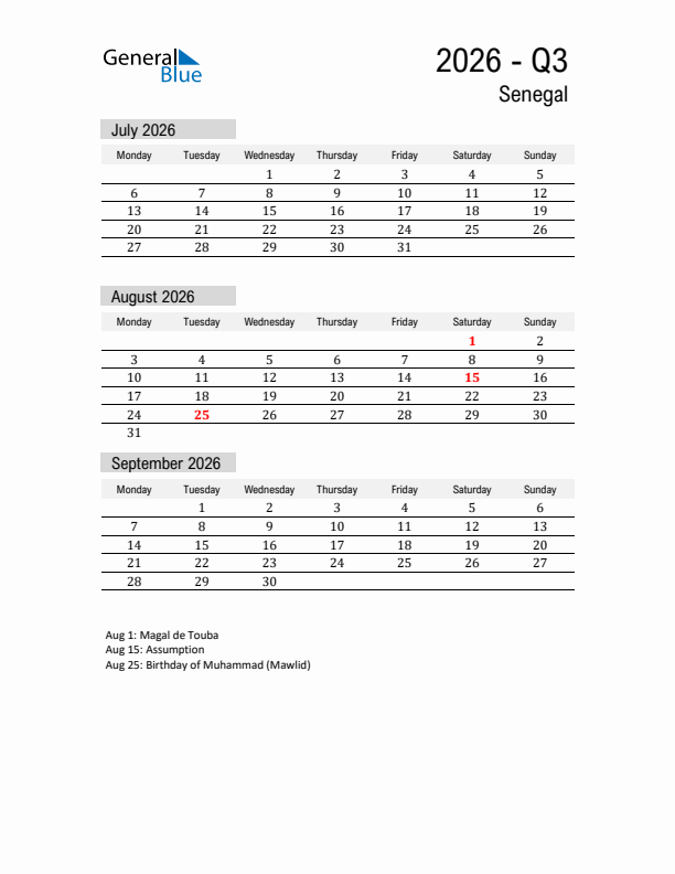Senegal Quarter 3 2026 Calendar with Holidays
