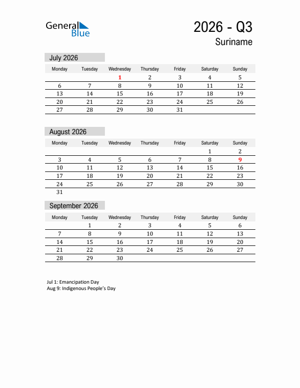 Suriname Quarter 3 2026 Calendar with Holidays