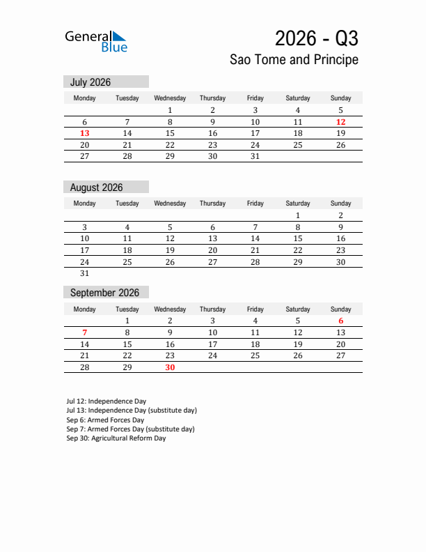Sao Tome and Principe Quarter 3 2026 Calendar with Holidays