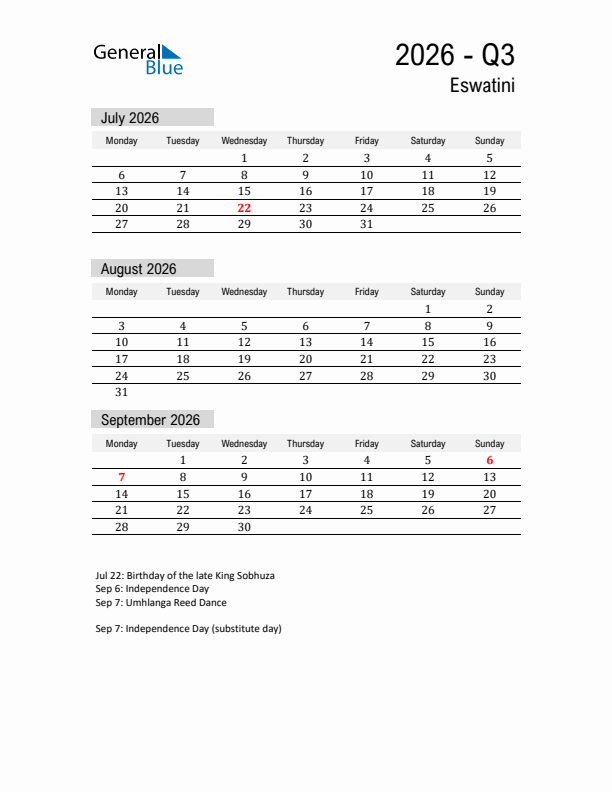 Eswatini Quarter 3 2026 Calendar with Holidays