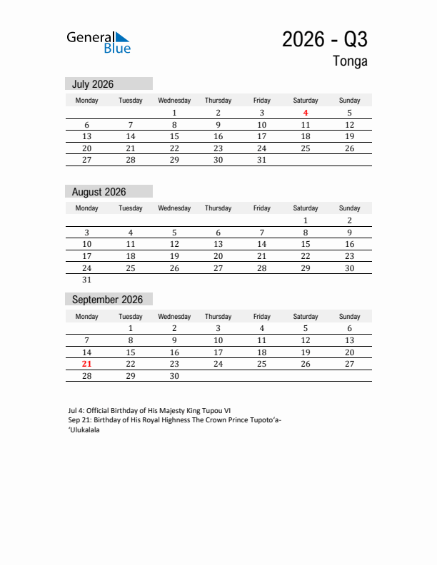 Tonga Quarter 3 2026 Calendar with Holidays