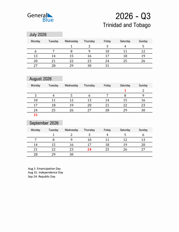 Trinidad and Tobago Quarter 3 2026 Calendar with Holidays
