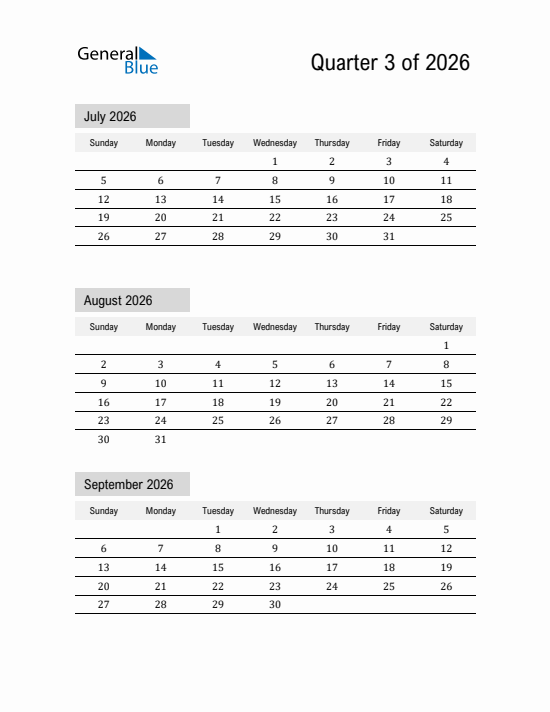 Quarter 3 2026 calendar template