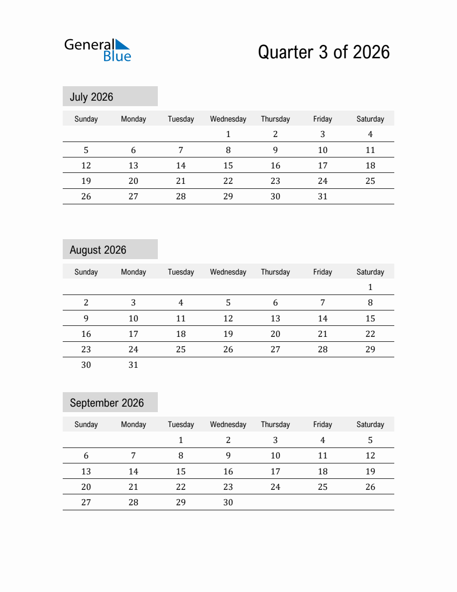 July, August, and September 2026 Calendar Template