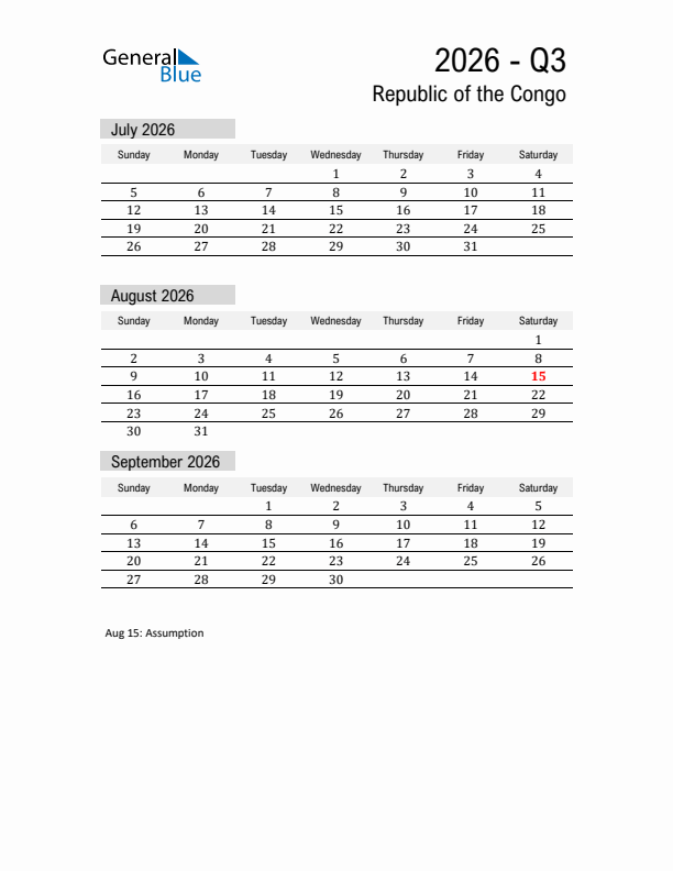 Republic of the Congo Quarter 3 2026 Calendar with Holidays