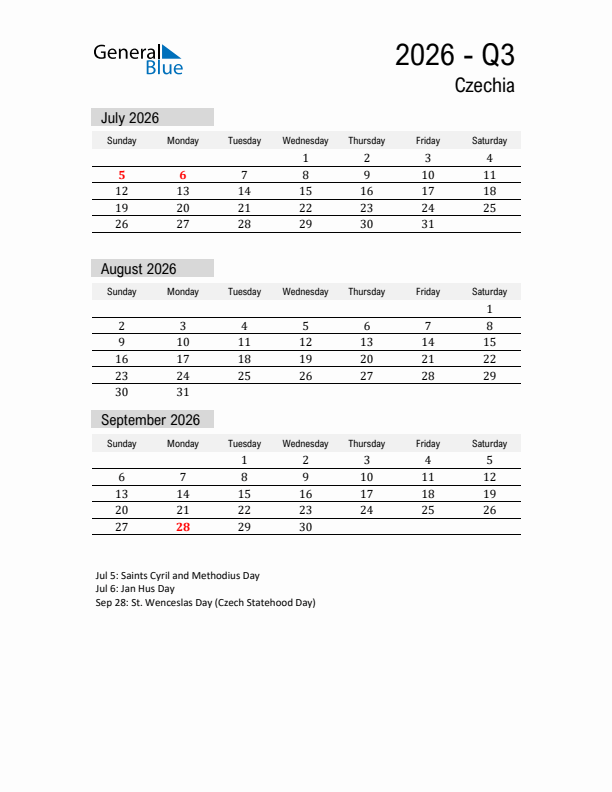 Czechia Quarter 3 2026 Calendar with Holidays