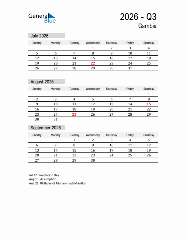 Gambia Quarter 3 2026 Calendar with Holidays
