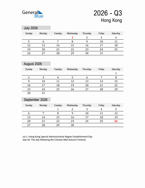 Hong Kong Quarter 3 2026 Calendar with Holidays