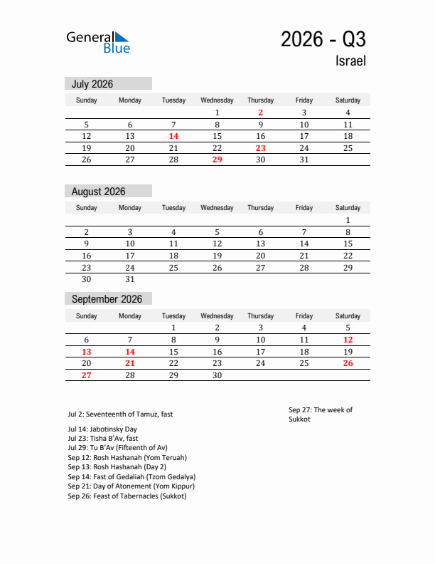 Israel Quarter 3 2026 Calendar with Holidays