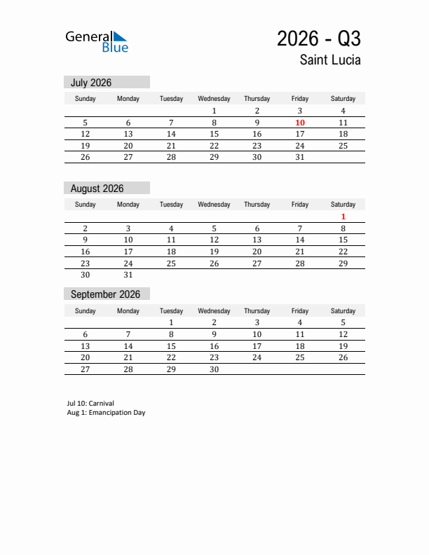 Saint Lucia Quarter 3 2026 Calendar with Holidays